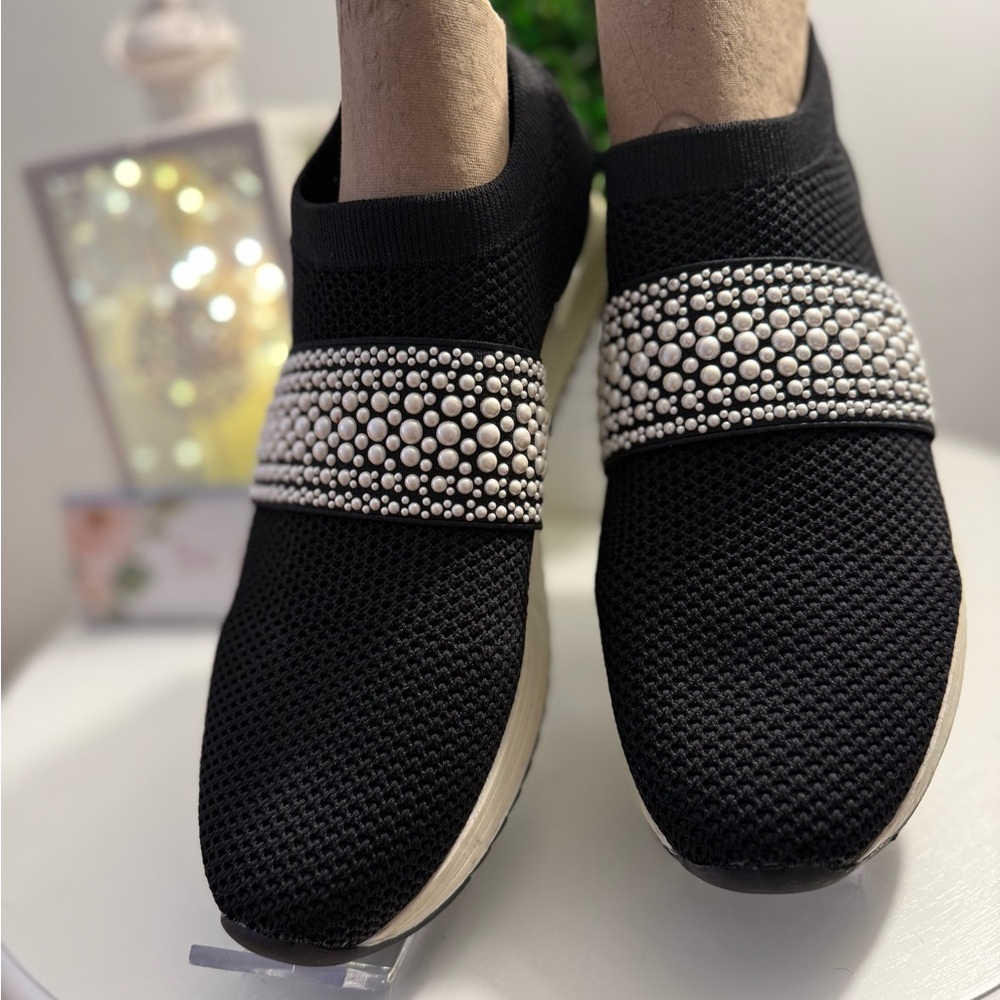 Anne Klein Black Slip-On Sneakers with Knit Upper